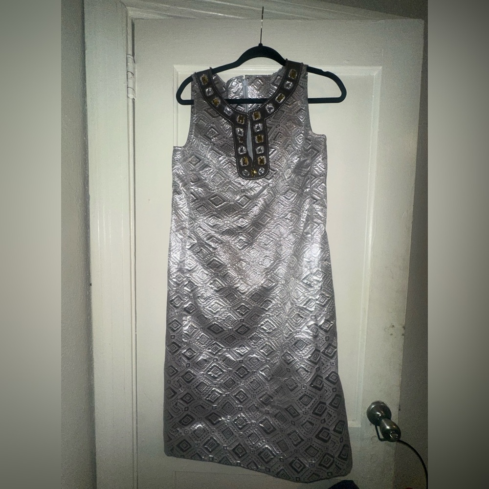 Tory Burch Silver Sheath Mini Dress Sleeveless Crew Neck